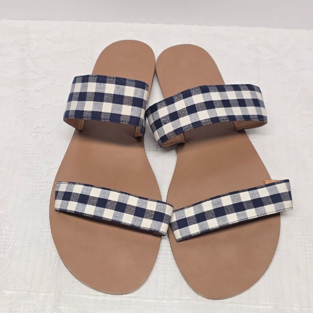NEW J. CREW Boardwalk Gingham Navy White Check 2 Strap Slide Flat Sandals Size 8